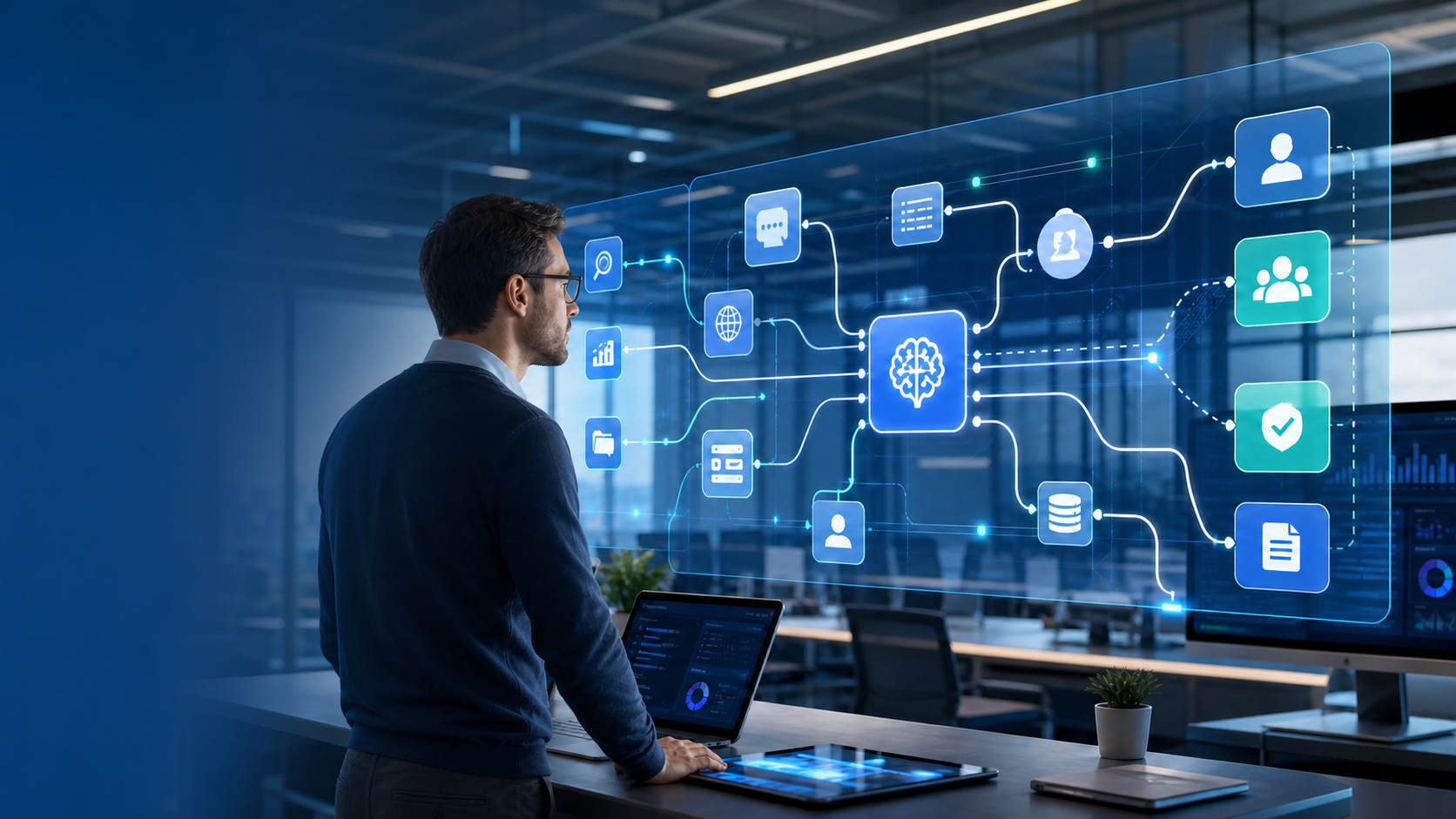 IT administrator reviewing an Azure Agentic AI workflow with connected tools, data, and human review